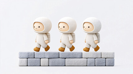Three cute astronaut figures in white suits and brown boots are walking in line on stone platform, evoking sense of adventure and playfulness