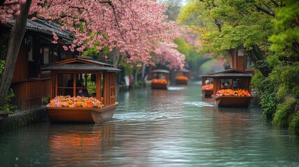 Obraz premium A sakura-lined canal with traditional boats gliding gently, offering a scenic springtime view