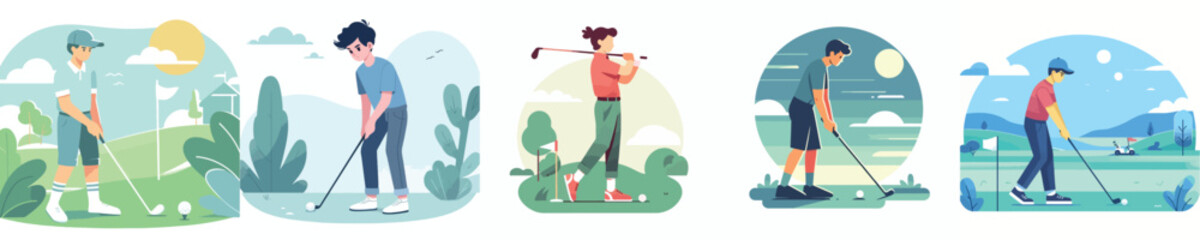 vector flat design collection of young men playing golf