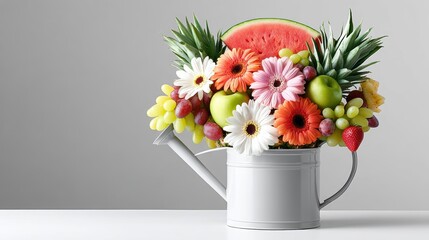 Edible fruit bouquet in a real watering can, with watermelon flowers, grape vines, and pineapple daisies, great for spring events, copyspace for text - gourmet art arrangement