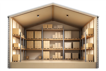 Organized warehouse with boxes,  isolated on  white background