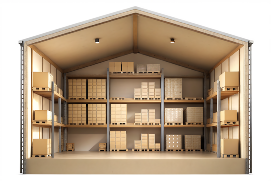 Organized warehouse with boxes,  isolated on  white background