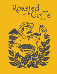 Hand drawn illustration of coffee farmer picking coffee beans for coffee packaging design 1
