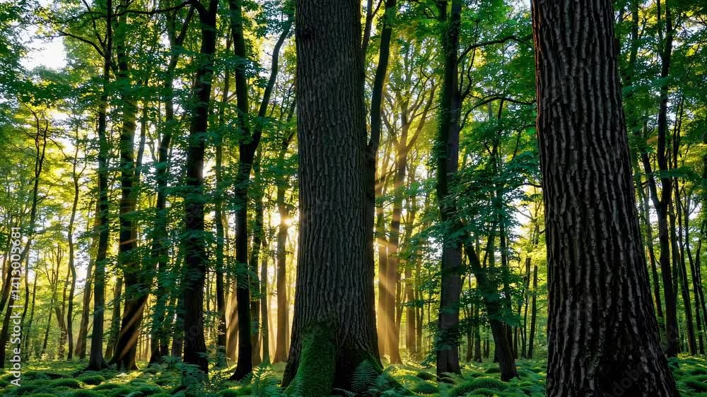 Poster sunlight streams through tall trees in a lush forest, captured from a low-angle, creating a serene, 