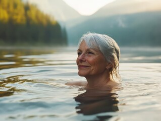 Fototapeta premium Serene Senior Woman Enjoying Therapeutic Swim in Crystal Clear Mountain Lake at Dawn with Sunlight Filtering Through Morning Mist Creating Golden Reflections on Water