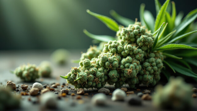 Close-up of a cluster of THC-A crystals with leaves on a dark background.