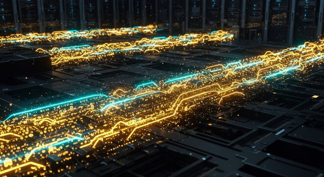 Golden Data Stream: Futuristic Binary Code - Abstract landscape, glowing binary code, futuristic technology, data flow, network connections. Symbolizing innovation, technology, connectivity, progress