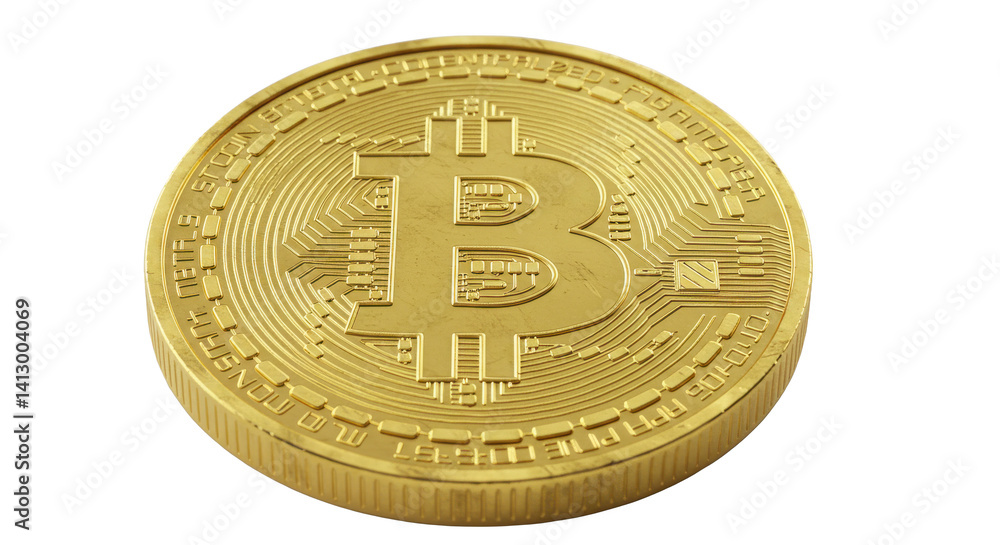 Poster a single golden bitcoin coin with intricate circuit design on a black background isolated shot