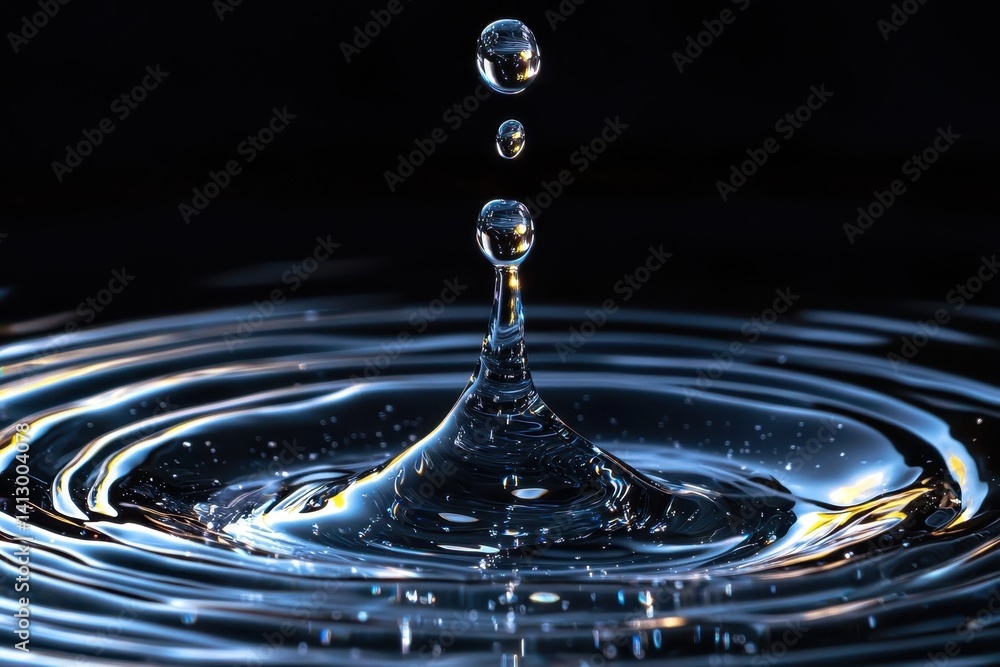 Poster suspended water droplets collection against deep black background with dynamic light reflections cre