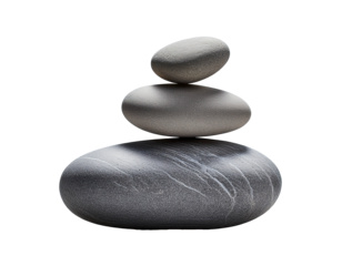 Stack of three smooth, grey river stones balanced precariously, minimalist style, transparent background.