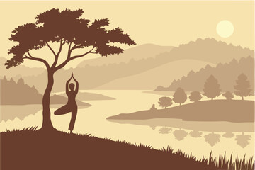 39 Silhouette of person stretching at sunset, lone tree on hill, golden sky, misty lake reflection, peaceful landscape, warm tones, ethereal atmosphere, digital painting style, dreamy scenery, yoga po