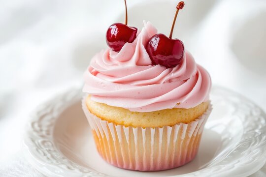 Sweet Pink Cupcake Masterpiece with Fresh Cherry and Whipped Cream Frosting on Elegant White Porcelain Plate Perfect for Bakery and Dessert Photography