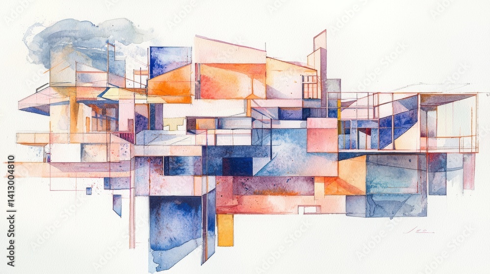 Poster a vibrant watercolor artwork illustrates abstract architectural forms with intersecting lines and li