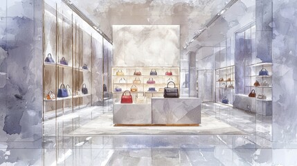 A spacious handbag showroom features sleek displays with an array of colorful bags arranged neatly. The modern design highlights luxury and sophistication