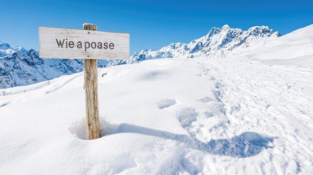 Wooden signpost with dialect text stands in deep snow on a sunny winter day in the Alps.