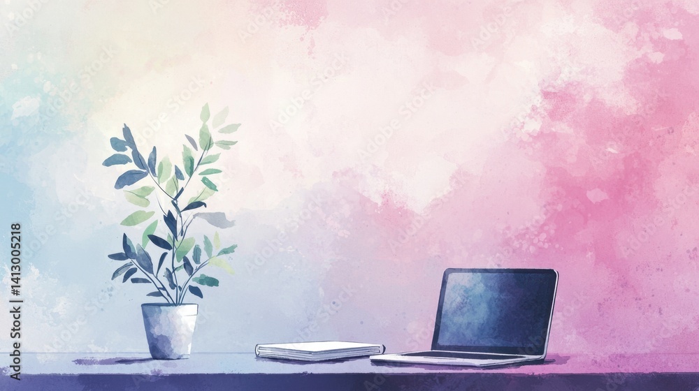 Aufkleber a tranquil workspace features a sleek laptop and an open notepad beside a leafy plant in a modern po