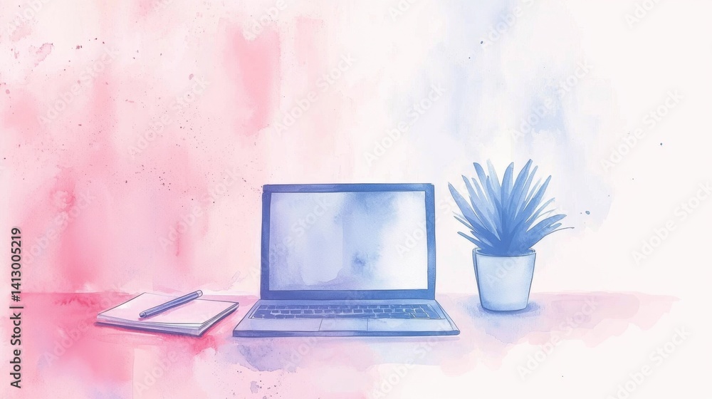 Aufkleber a serene workspace features a laptop open on a desk alongside a notebook and pen. a vibrant potted p