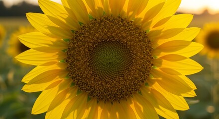 Fototapeta premium Golden Sunflower in Warm Sunlight - A close-up of a vibrant sunflower bathed in the warm glow of the setting sun. Symbolizing happiness, summer, nature, growth, and optimism