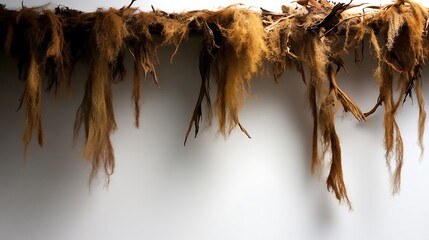 Obraz premium Dry, tangled fibers hang from a section of decaying wood.