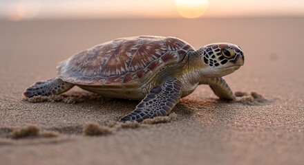 Obraz premium Sea Turtle Sunset Stroll: A Serene Coastal Scene