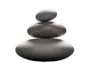 Stack of three smooth, grey river stones balanced precariously, minimalist style, transparent background.