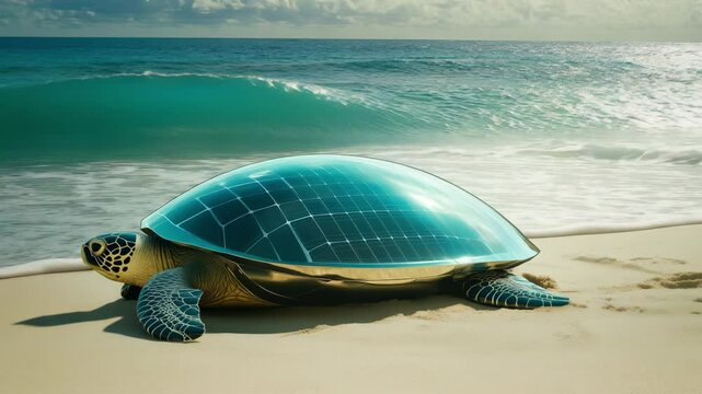A turtle with a solar panel shell rests on the sand of a tropical beach while gentle waves lap at the shore under a clear sky