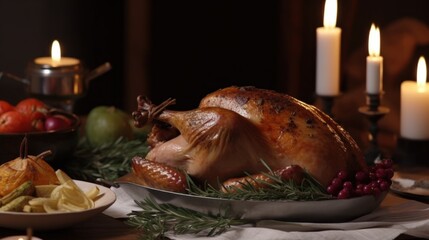 Roasted Turkey Feast: A beautifully presented roasted turkey centerpiece, nestled on a platter surrounded by fresh herbs and candles, evoking warmth and celebratory atmosphere of a special meal.