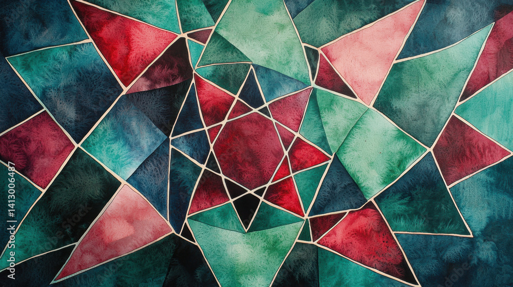 Poster brightly colored triangular shapes intertwine in this abstract artwork. shades of red, teal, and gre