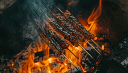 Grilled skewers over campfire