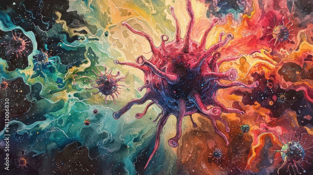 Poster this artistic representation features a virus prominently set against a cosmic background filled wit