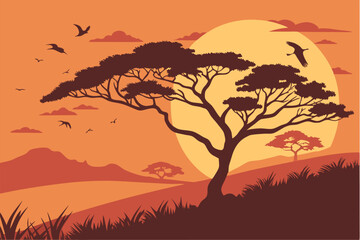 40 African savanna sunset, silhouette of acacia tree, large orange sun, flying birds, dramatic sky, dark landscape, orange and red hues, atmospheric, serene, nature photography, wildlife, silhouettes,