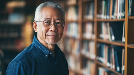 This portrait showcases an elderly Asian man standing confidently in a library. His thoughtful expression and glasses convey wisdom and experience, emphasizing a life dedicated to education.
