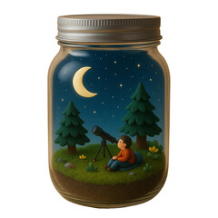 3D render of a tiny person stargazing with a telescope inside a mason jar. Night scene with crescent moon and trees.