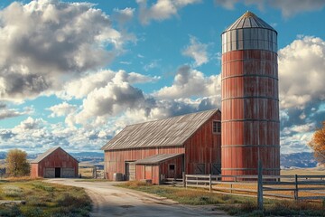 Silo tower filled with grain standing beside a large farm field, with a clear sky and expansive rural landscape