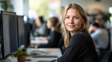A young European female IT specialist smiles while working in a modern office. The image captures a professional atmosphere with colleagues engaged in tasks.