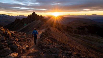 Fototapeta premium Golden hour hiker atop a dramatic mountain ridge.