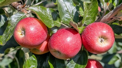 Fresh red apples on a branch.  Close-up view of juicy fruit