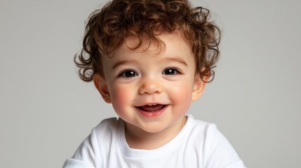 Naklejka premium Happy baby portrait, studio shot, gray backdrop