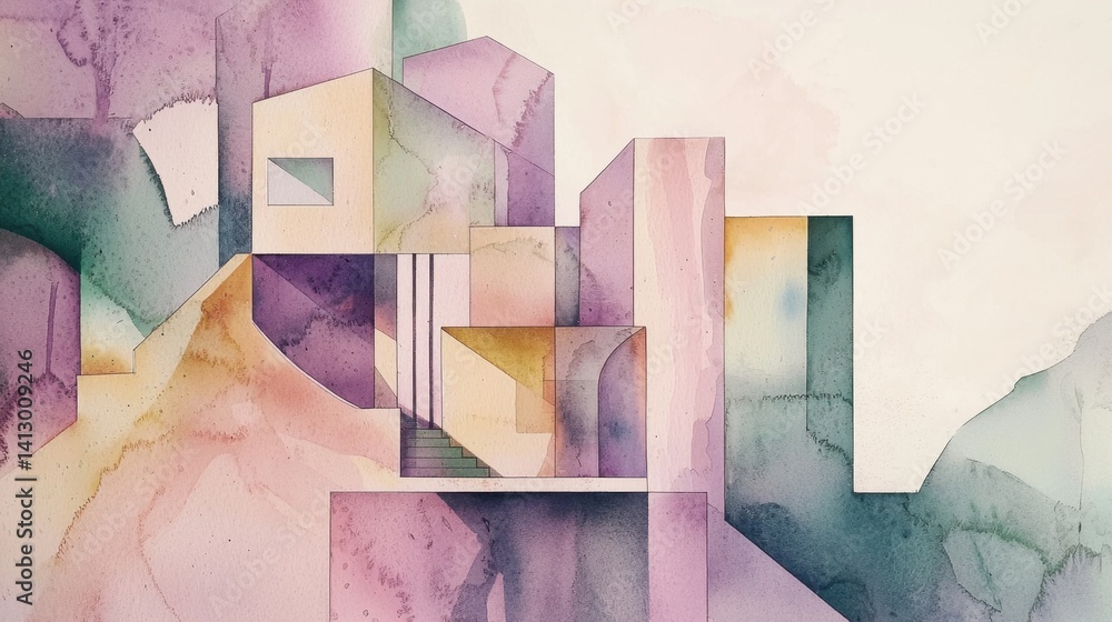 Poster Soft pastel colors form a harmonious composition of geometric shapes resembling abstract architecture. The gentle gradients create a calming atmosphere that invites contemplation