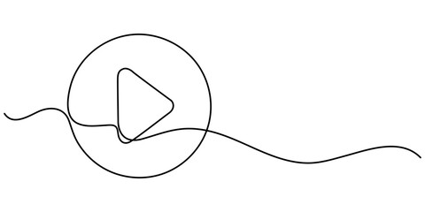 Fototapeta premium Continuous line drawing of play icon. Media, Video or music player button in linear style. One line drawing. Single line art. Vector illustration, Continuous line drawing of a play icon in. 