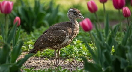 Obraz premium Australian Brush-turkey Chick Foraging Among Vibrant Pink Tulips in Sunlight