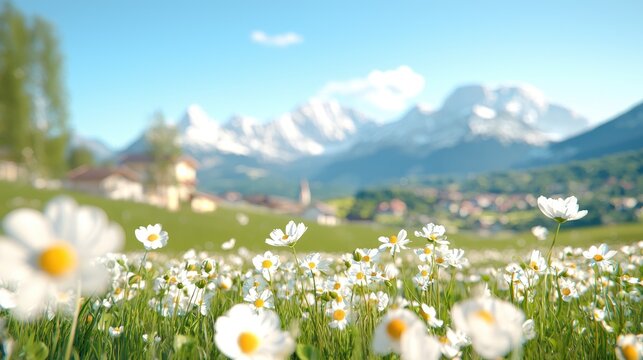 White daisy flowers bloom in a green alpine meadow with snow-capped mountains under a blue sky in spring.