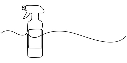 Detergent spray bottle dispenser vector. One line continuous drawing illustration. Hand drawn linear silhouette icon. Cleaning product, chemical household supplies. Minimal design.                    