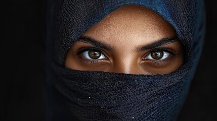 Naklejka premium Young Muslim woman wearing a dark blue hijab looks directly at the camera with intense brown eyes in a dramatic close-up portrait.
