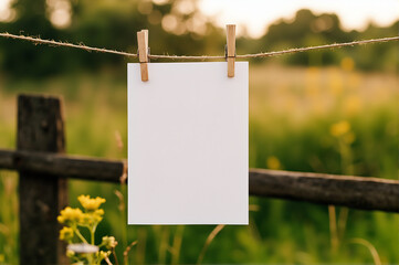 Single blank white paper sheet hanging on clothesline, string, rope with wooden clothespins. Vertical format cards, empty template, page, mockup. Summer blurred background, nature, outdoors