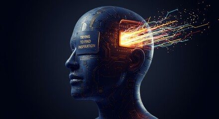 Digital Humanoid Head with Glowing Circuitry Expressing the Quest for Inspiration