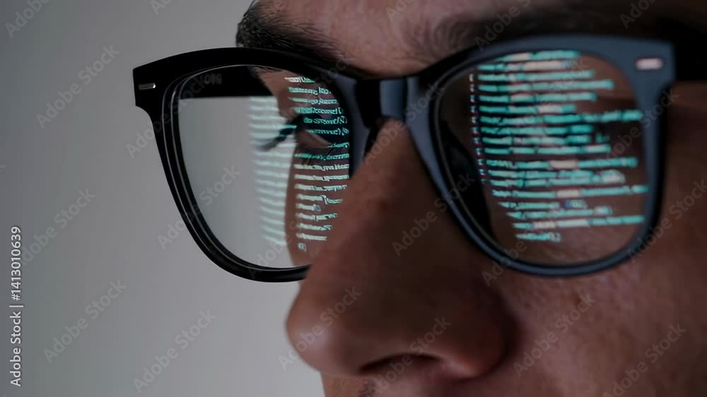 Aufkleber Programmer wearing glasses intently analyzing lines of reflective code while developing complex software solution at modern workspace