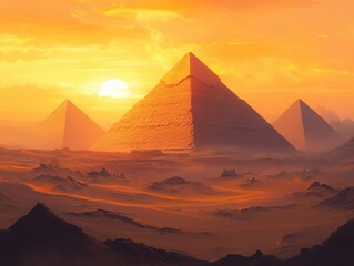 Pyramids Against the Setting Sun: The grandeur of the ancient pyramids of Giza stands tall against a vibrant orange sunset, casting long shadows across the desert landscape.