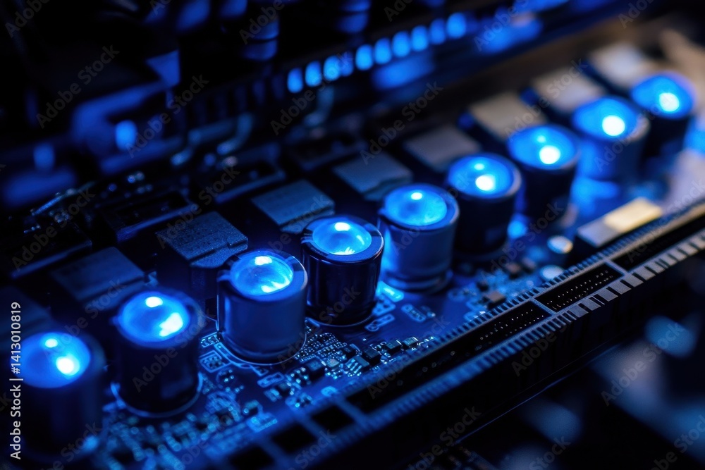 Poster futuristic circuit board close-up with glowing components and advanced technology patterns in blue t