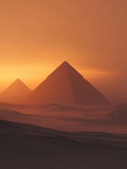 Ancient Pyramids at Sunset: The majestic pyramids of Giza stand silhouetted against a fiery sunset, evoking a sense of wonder and history.